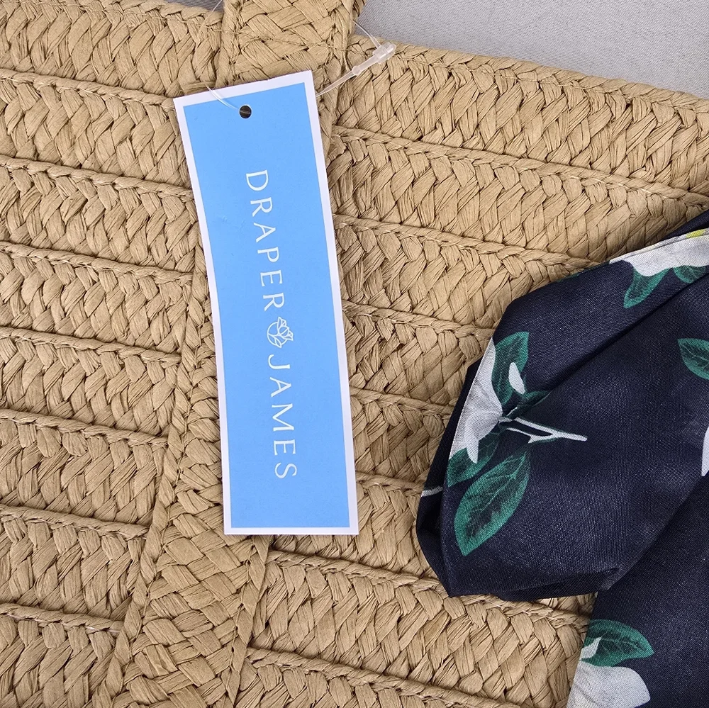 NWT Draper James Tan Woven Medium Size Tote Bag with Floral Scarf
